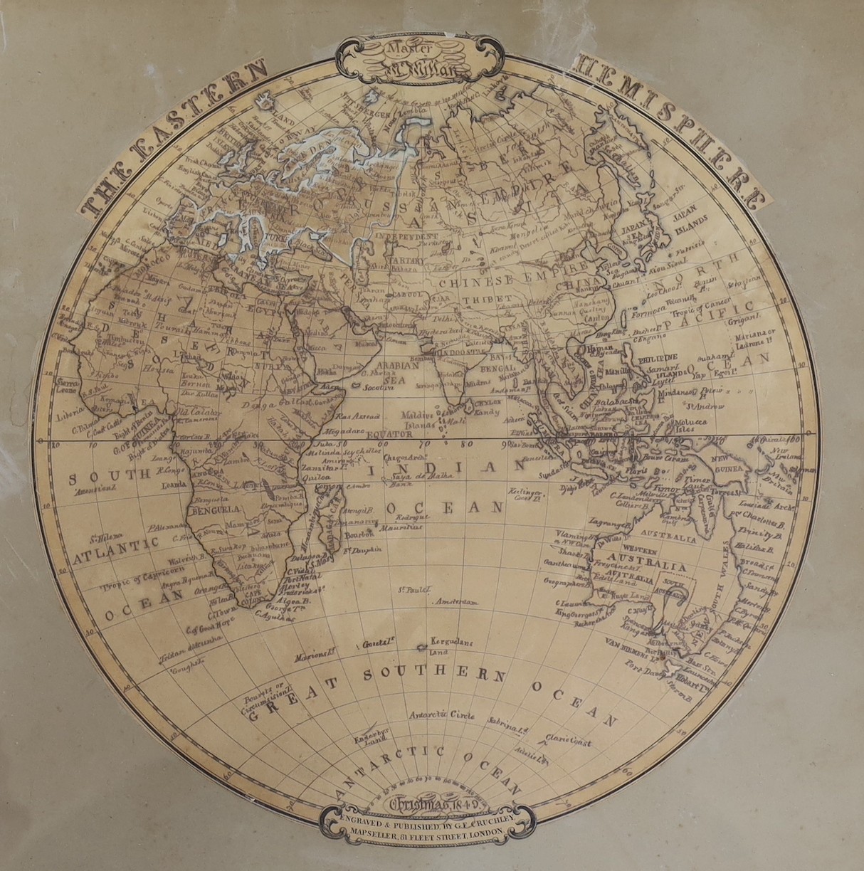 Master McMitlan 1850, pair of engraved maps of the Eastern and Western Hemisphere, published by Cruchley, and hand annotated by McMitlan, ships master, tondo, 36cm